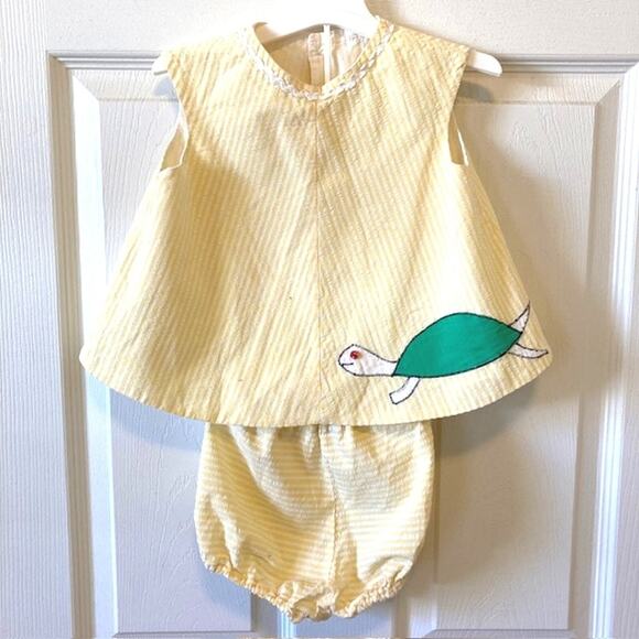 Vintage The Baby Duds of Oklahoma Yellow Seersucker Baby Summer Set *read - Picture 1 of 9